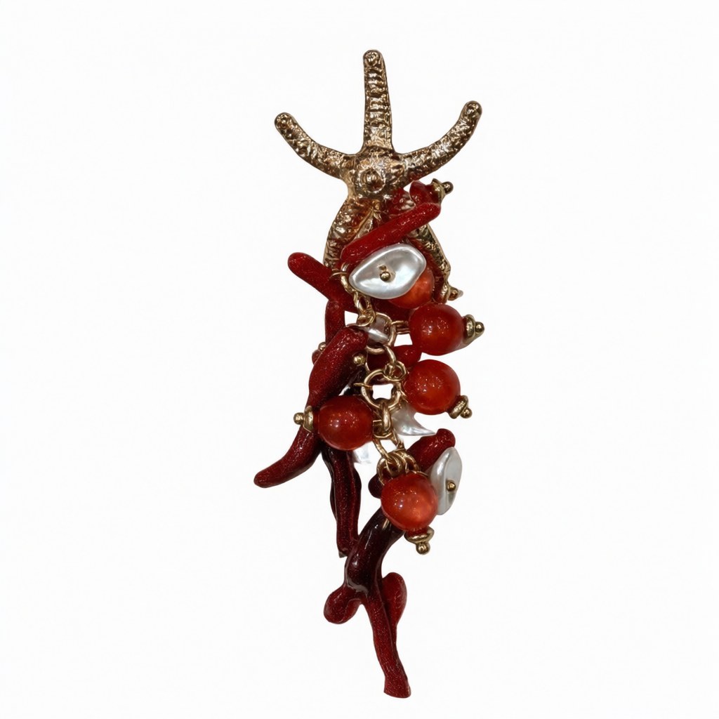 Detalle de Pendientes Anemona Largos Dorados con Coral Rojo y Perlas Barrocas para mujer Angara Moda