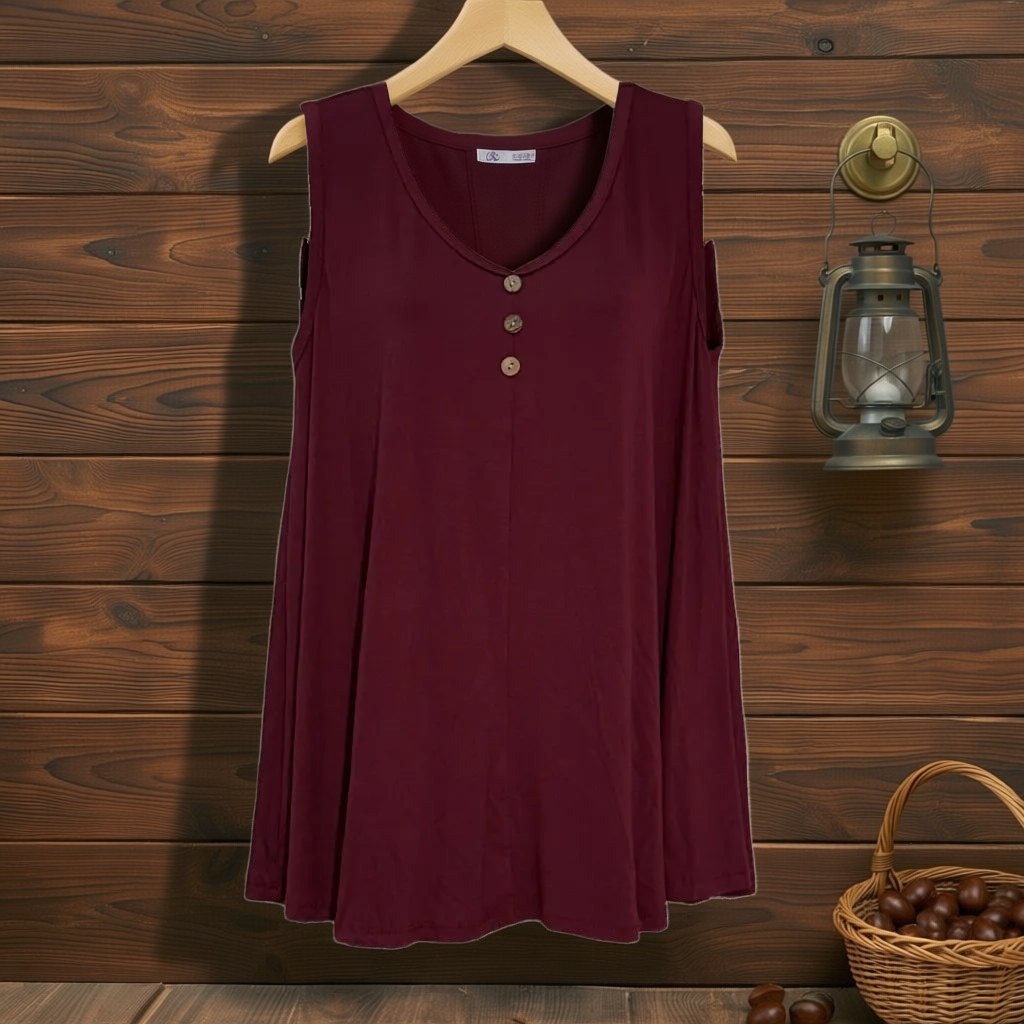 Camiseta Rocío sin mangas con botones de madera y escote redondo colgada en un ambiente para mujer Angara Moda