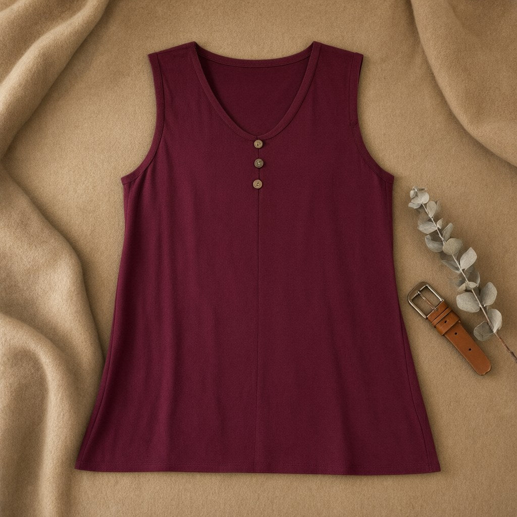 Camiseta Rocío sin mangas con botones de madera y escote redondo desde arriba para mujer Angara Moda