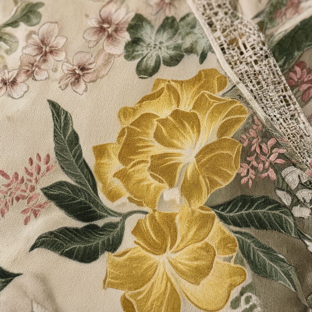 Detalle del tejido de Conjunto dos piezas top manga corta volantes palazzo estampado floral tropical mujerta para mujer Angara Moda