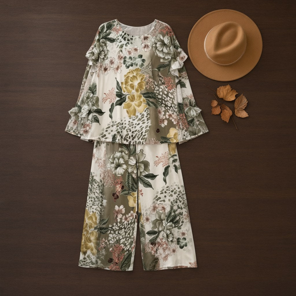 Conjunto dos piezas top manga corta volantes palazzo estampado floral tropical mujerta desde arriba para mujer Angara Moda