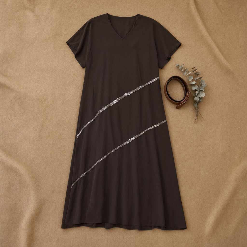 Vestido Largo Nápoles con Lentejuelas Diagonales en Marrón desde arriba para mujer Angara Moda