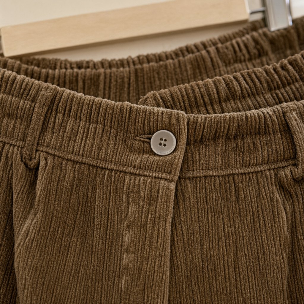 Detalle del tejido de Pantalón Antonella de pana ancha camel con pinzas y cinturilla fruncida para mujer Angara Moda