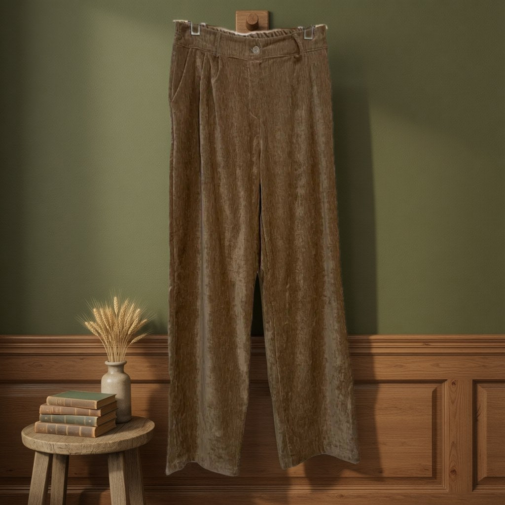 Pantalón Antonella de pana ancha camel con pinzas y cinturilla fruncida colgada en un ambiente para mujer Angara Moda