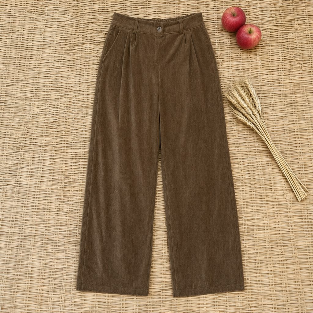 Pantalón Antonella de pana ancha camel con pinzas y cinturilla fruncida desde arriba para mujer Angara Moda