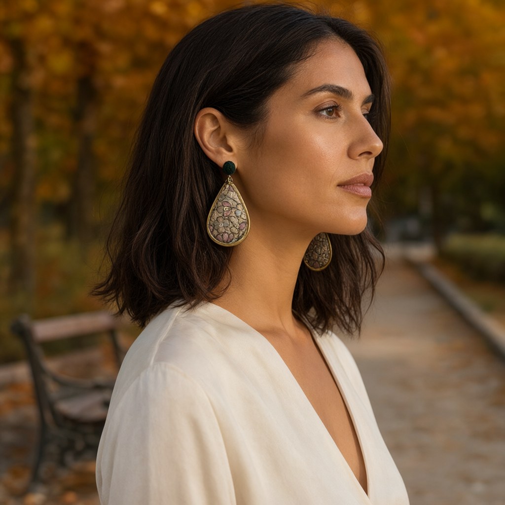 Pendientes Alondra puestos en una modelo para mujer Angara Moda