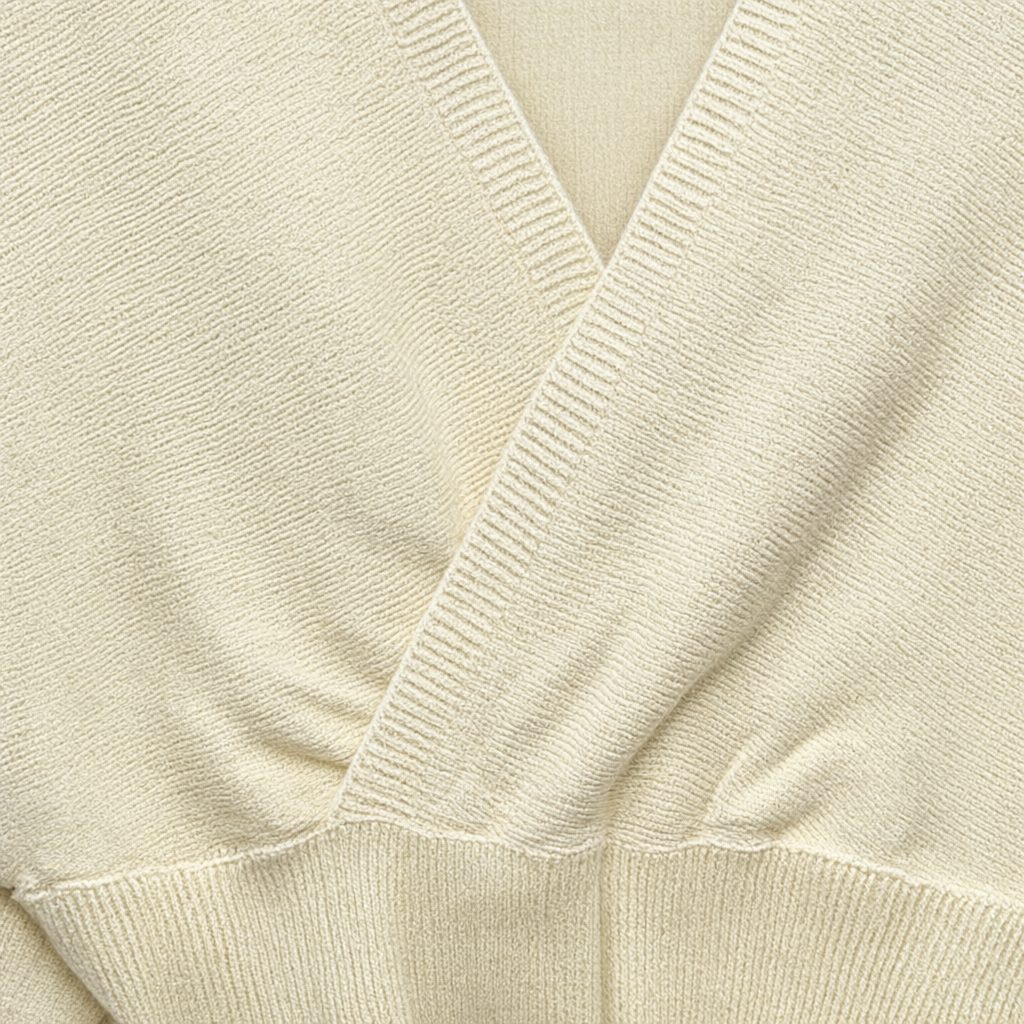 Detalle del tejido de Jersey Marina de punto con escote en V y manga larga para mujer Angara Moda