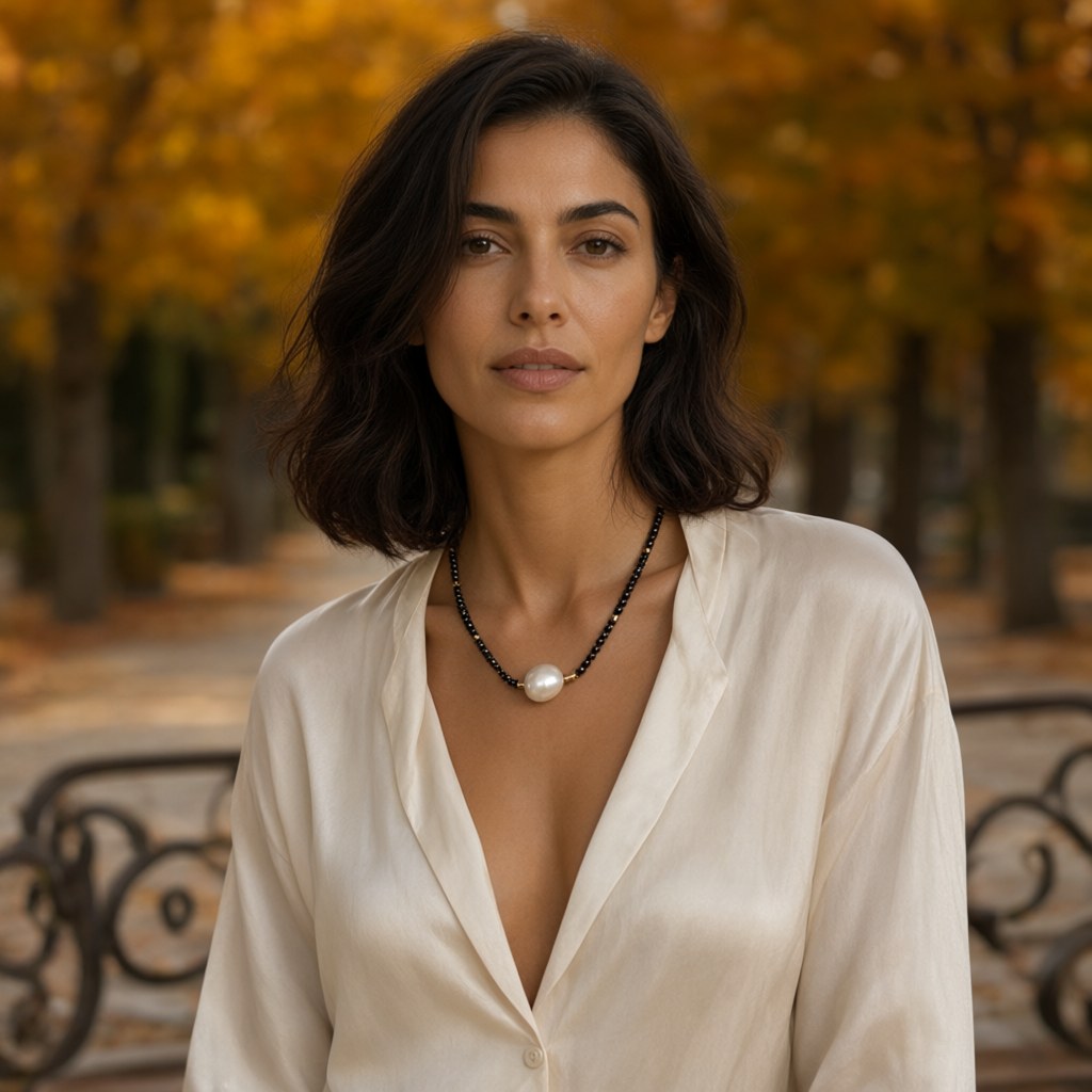 Collar Isolda puestos en una modelo para mujer Angara Moda