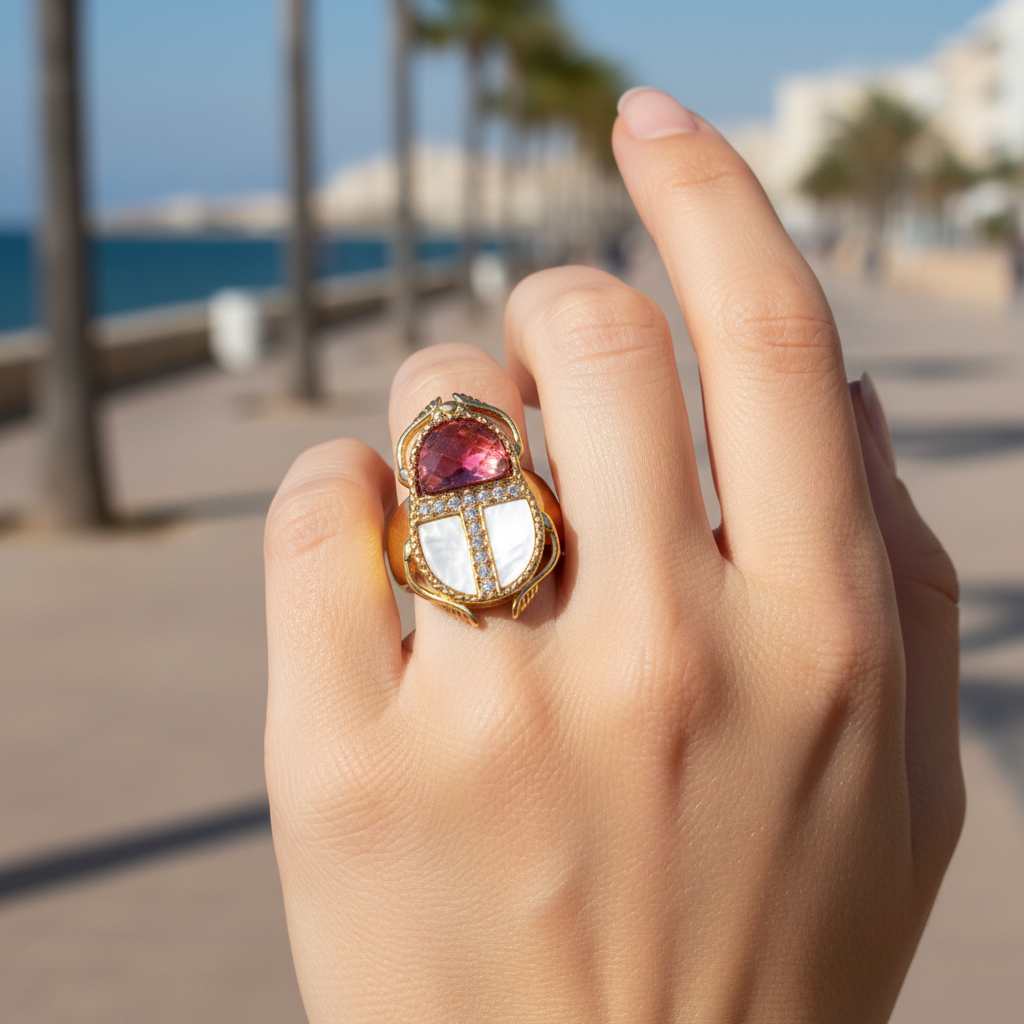 Anillo Raquel escarabajo cristal nácar circonitas recto sobre dedo a tamaño real mujer Angara Moda