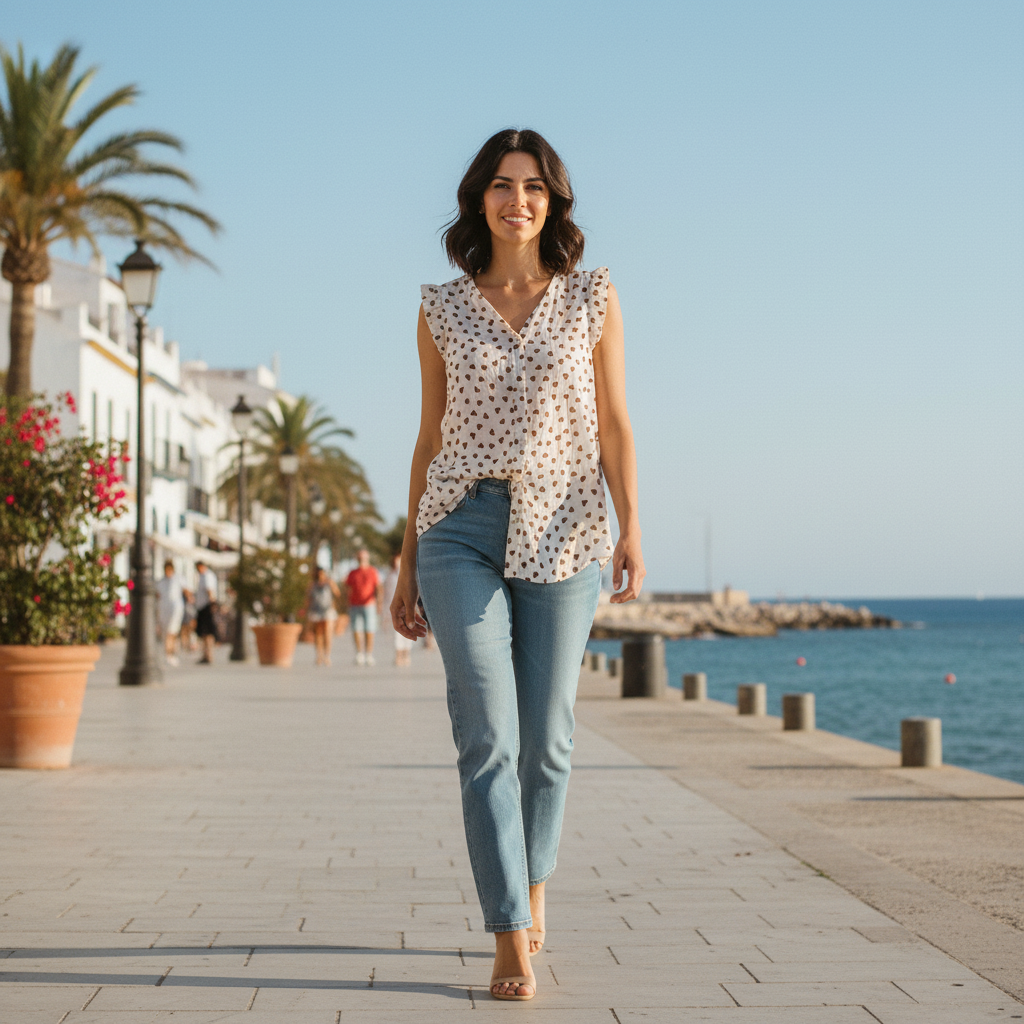 Blusa Amorosa crema con vaquero azul claro