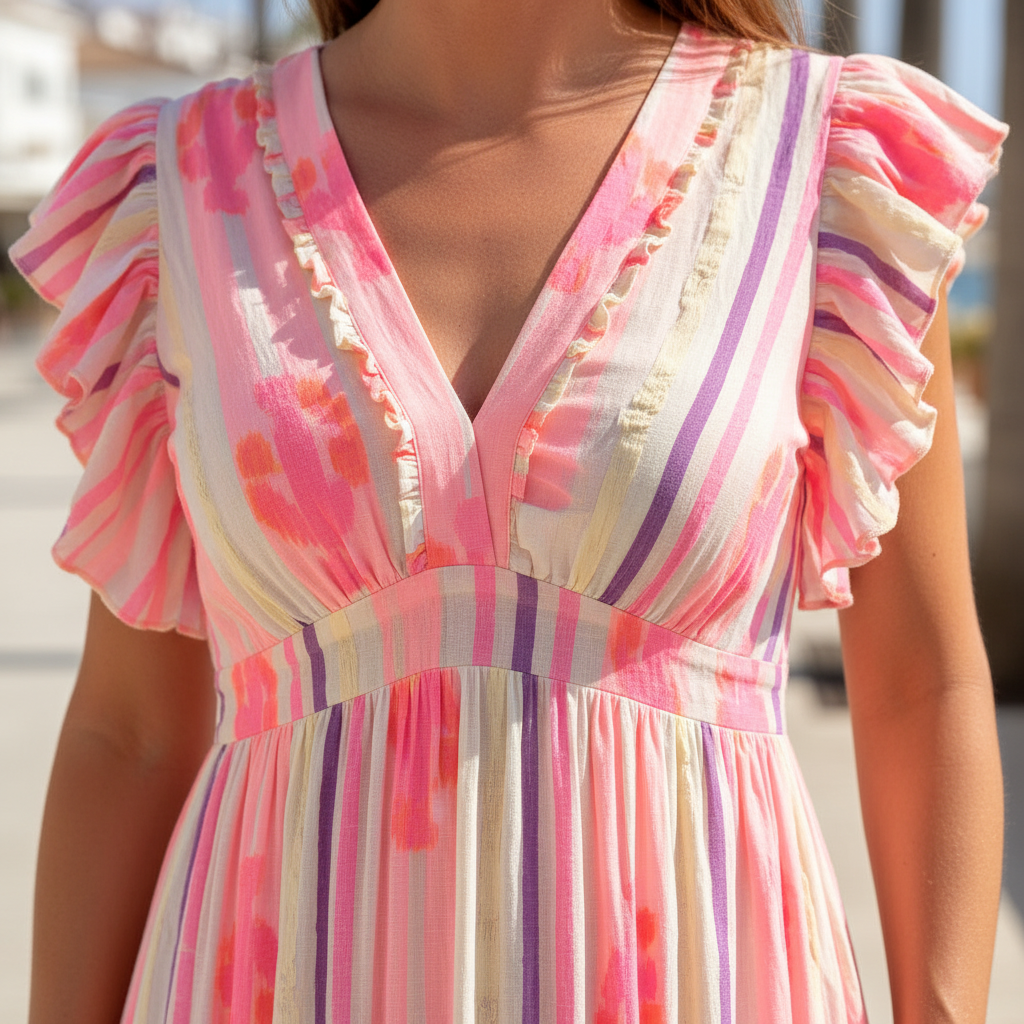 Detalle escote y volantes ikat