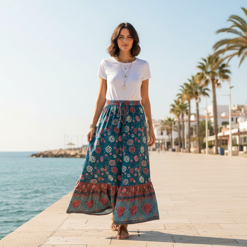 Falda boho floral con camiseta blanca sobre modelo