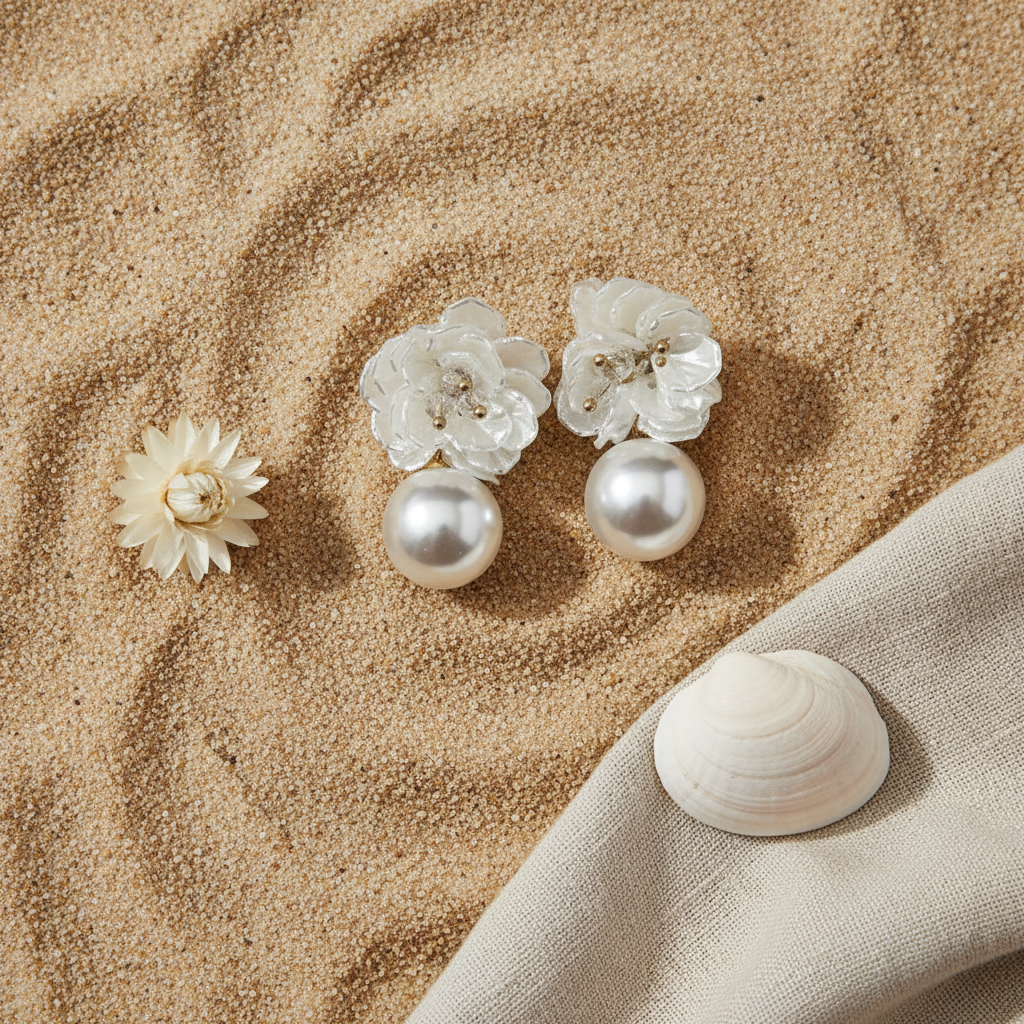 Flat lay pendientes flor perla