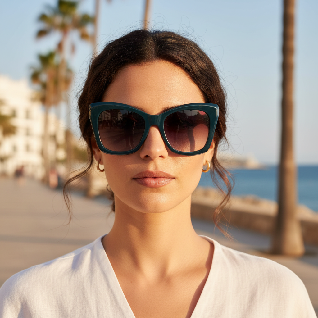 Gafas sol VE01 azul pato primer plano modelo