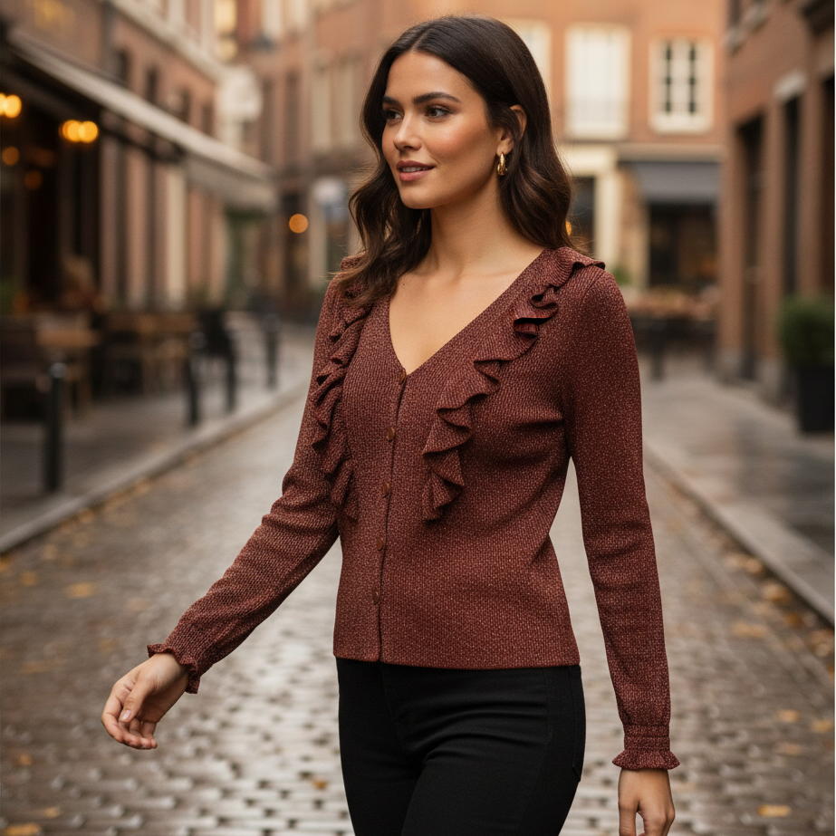 Blusa Rodonita lurex volantes modelo calle urbana europea Angara Moda