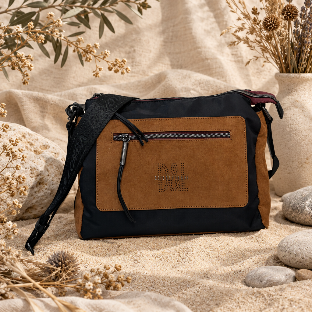 Bandolera Alessia negro y camel en fondo natural para mujer Angara Moda