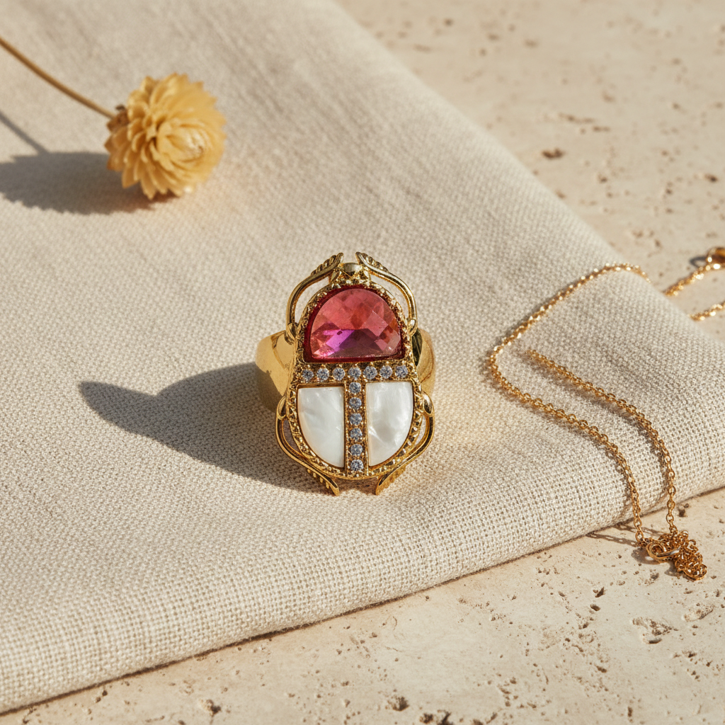 Anillo Raquel escarabajo cristal nácar circonitas flat lay mujer Angara Moda