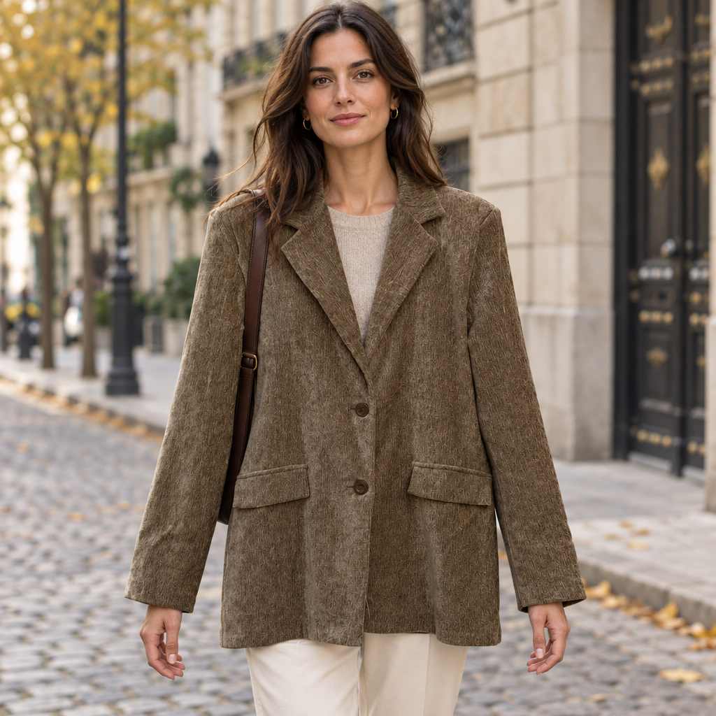 Blazer Antonella tejido acanalado marrón topo sobre modelo mujer Angara Moda