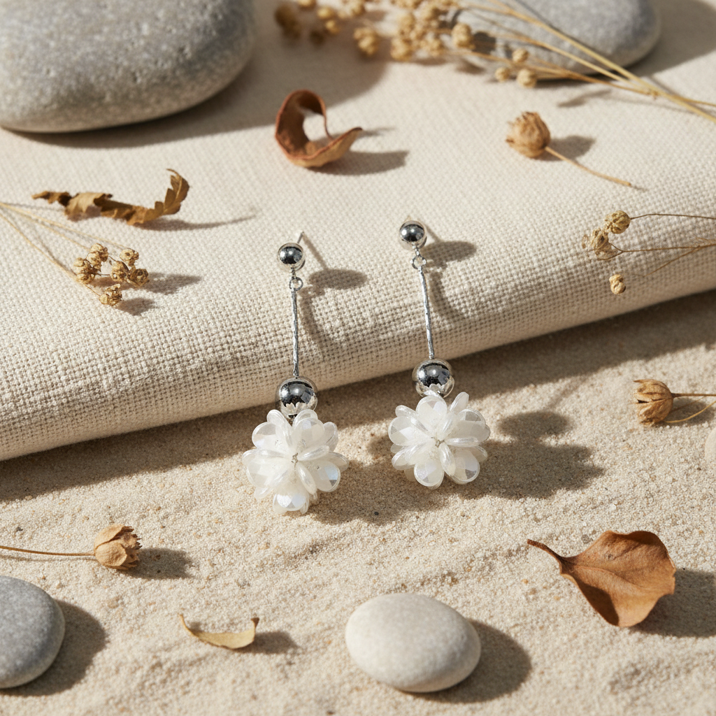 Par pendientes largos bola floral nacarada fondo natural arena Angara Moda