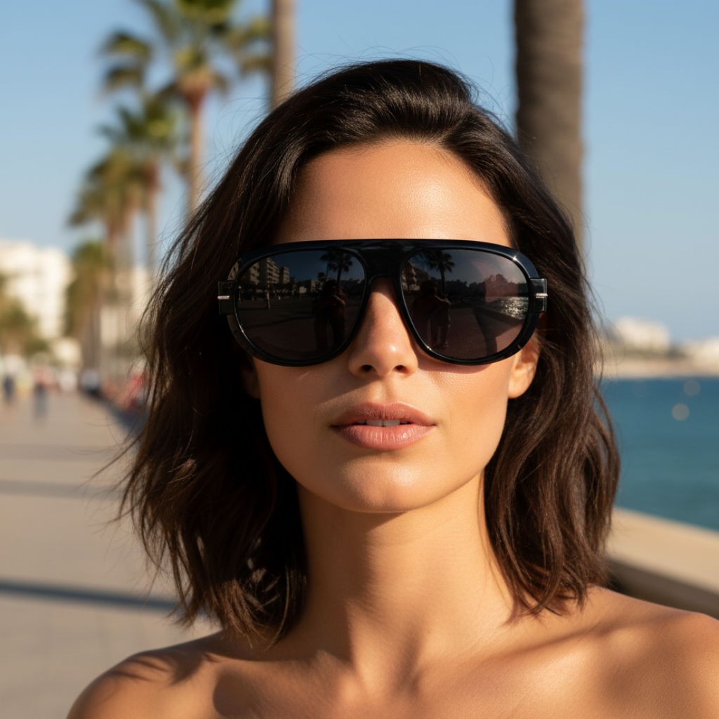 Gafas de sol aviador oversize acetato negro sobre modelo paseo marítimo Angara Moda