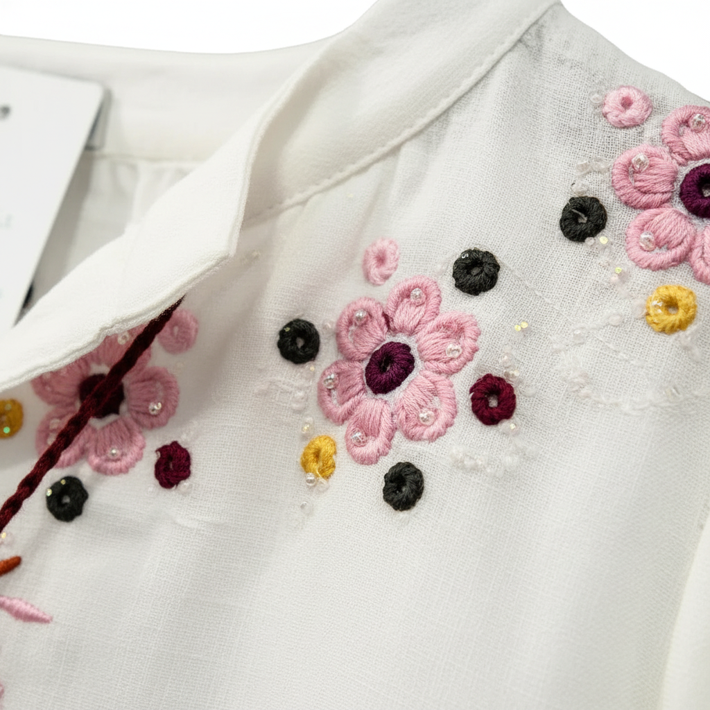 Detalle bordados florales artesanales pedrería blusa Lapislázuli Angara Moda
