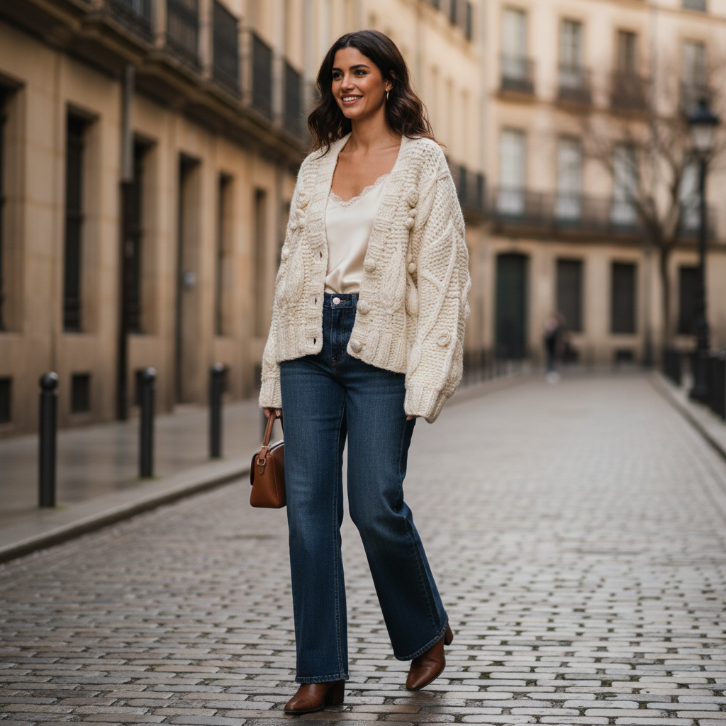 Jersey Florinda punto trenzado con flores y botones joya mujer Angara Moda