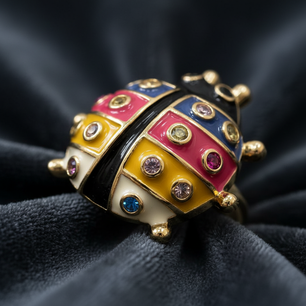 Anillo Carolina baño de oro mariquita esmaltada cristales detalle mujer Angara Moda