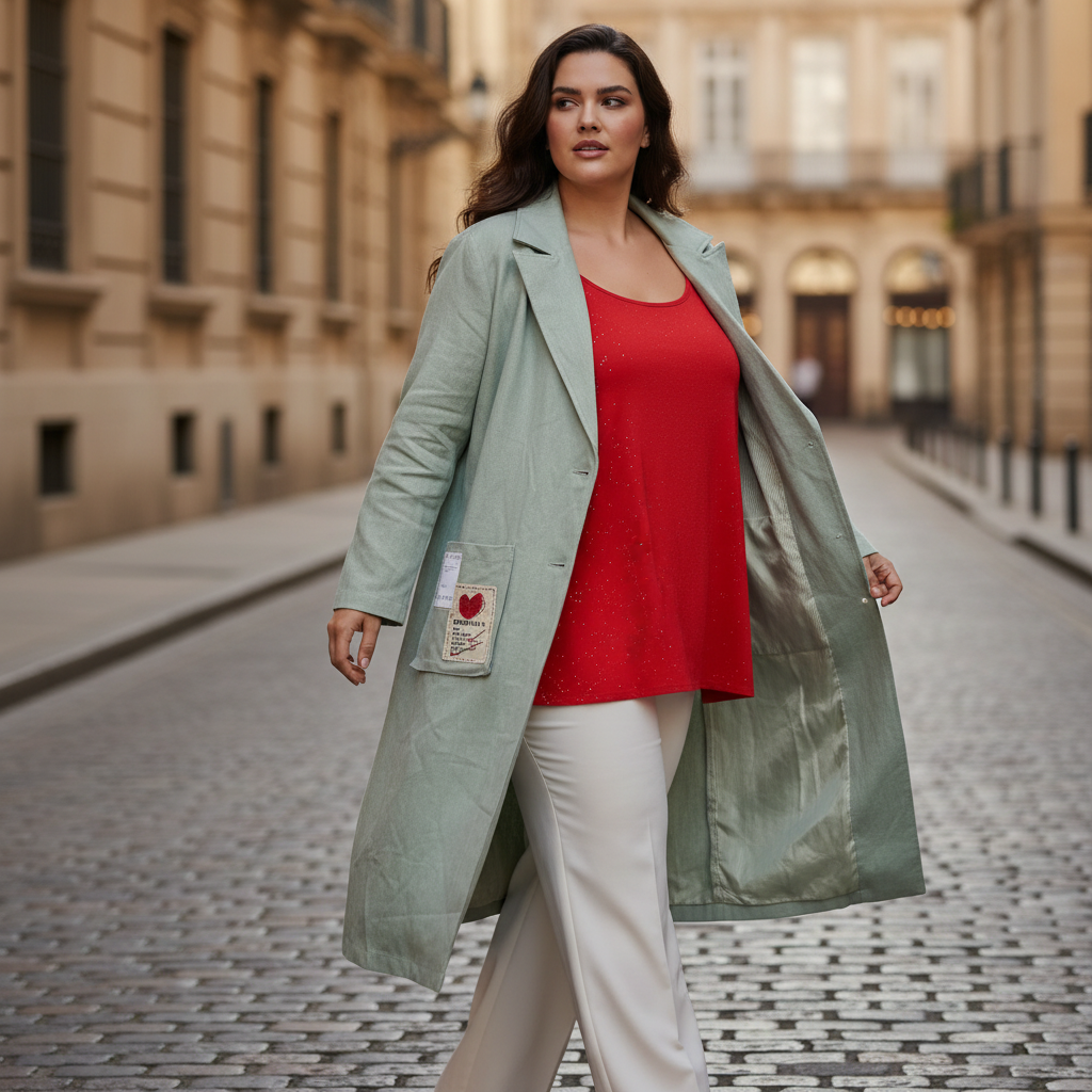 Abrigo Daiquiri tejido verde salvia abrigo midi tipo blazer abierto sobre modelo curvi mujer Angara Moda