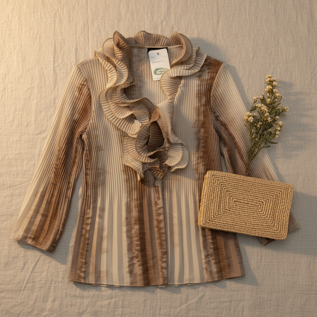 Flat lay blusa ceremonia volantes con accesorios boho Angara Moda
