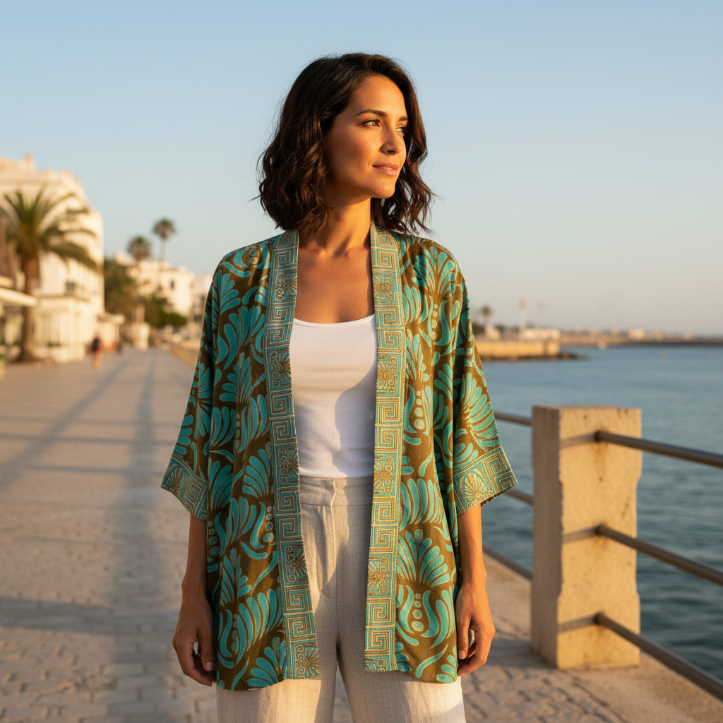 Kimono Yuliana estampado abanicos turquesa modelo tres cuartos paseo marítimo Angara Moda