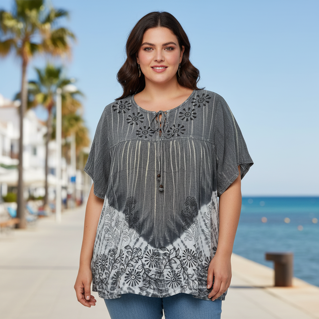 Blusón playa boho bordado tie-dye modelo curvi Angara Moda