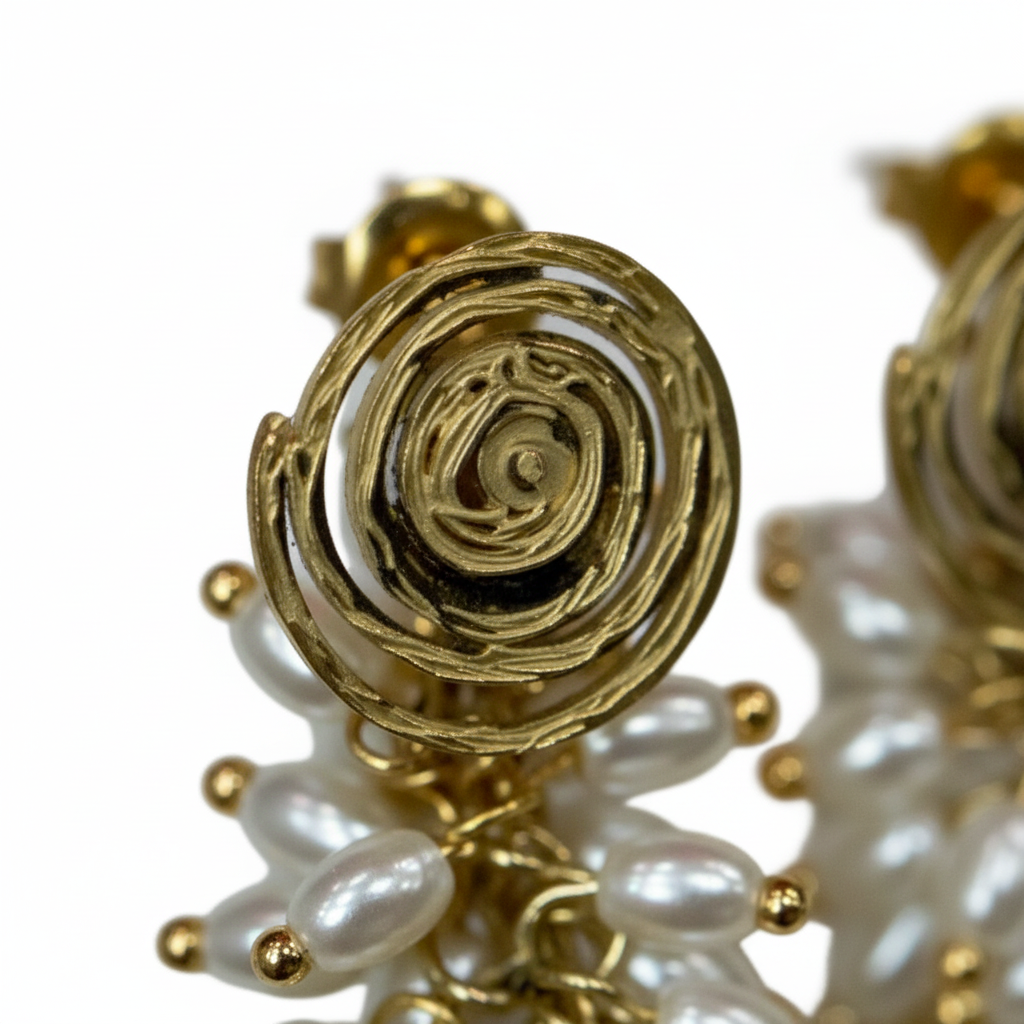 Detalle espiral dorada botón pendientes Mairena artesanal Angara Moda