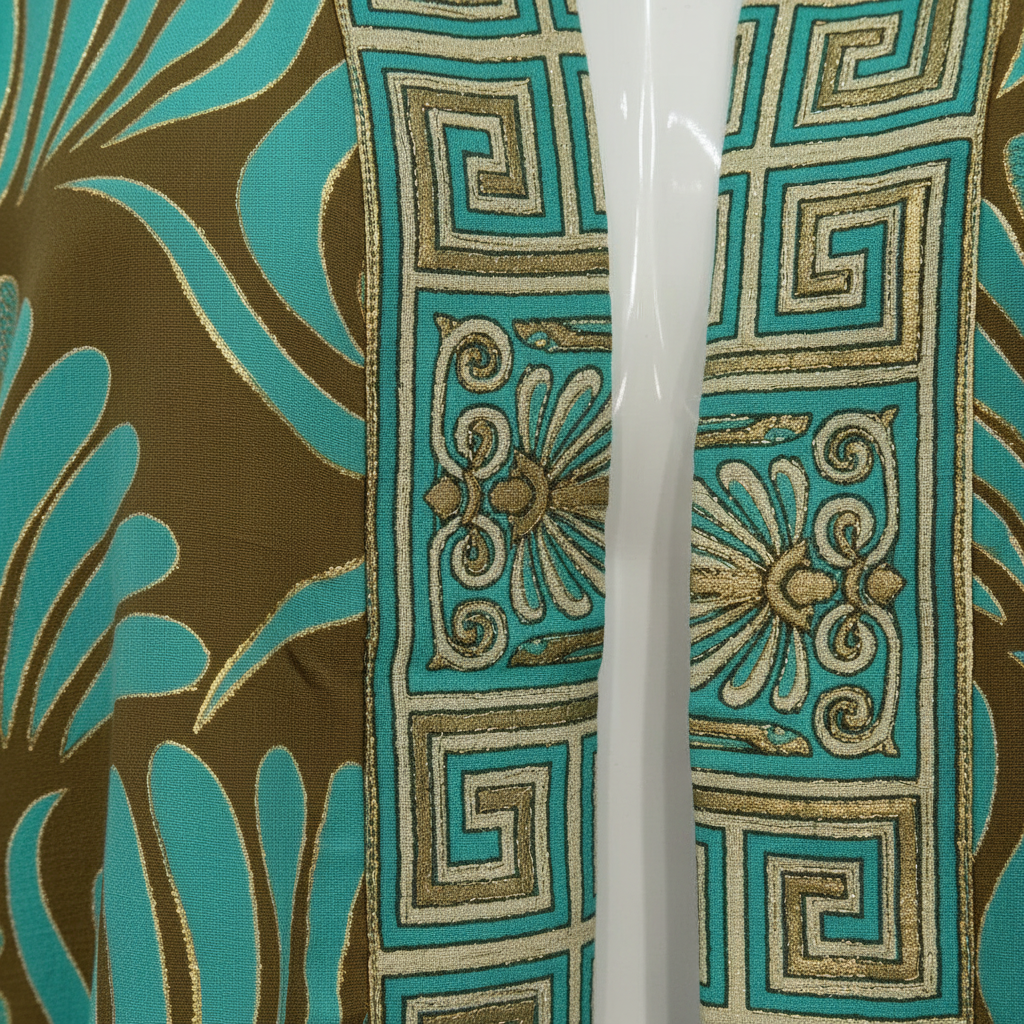 Detalle ribete greca griega turquesa dorado kimono Yuliana Angara Moda