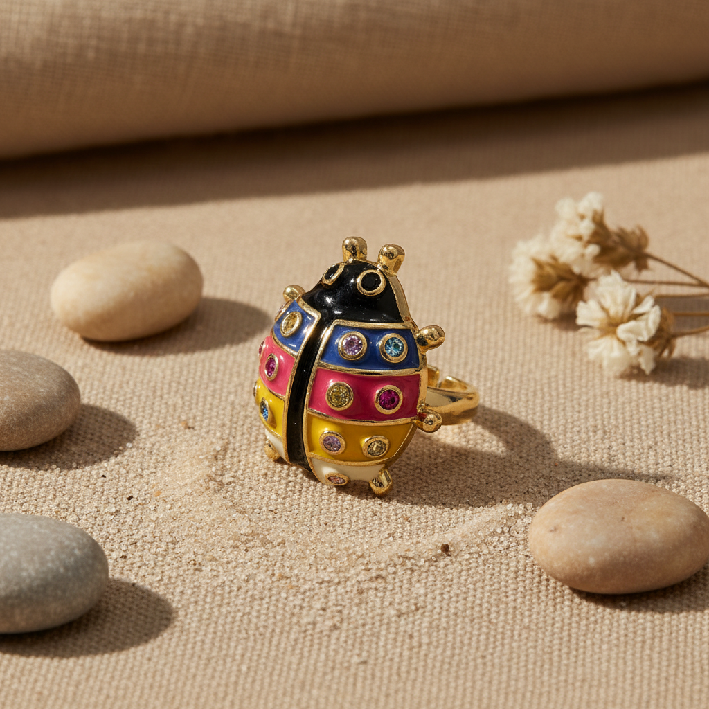 Anillo Carolina baño de oro mariquita esmaltada cristales joyería artesanal mujer Angara Moda