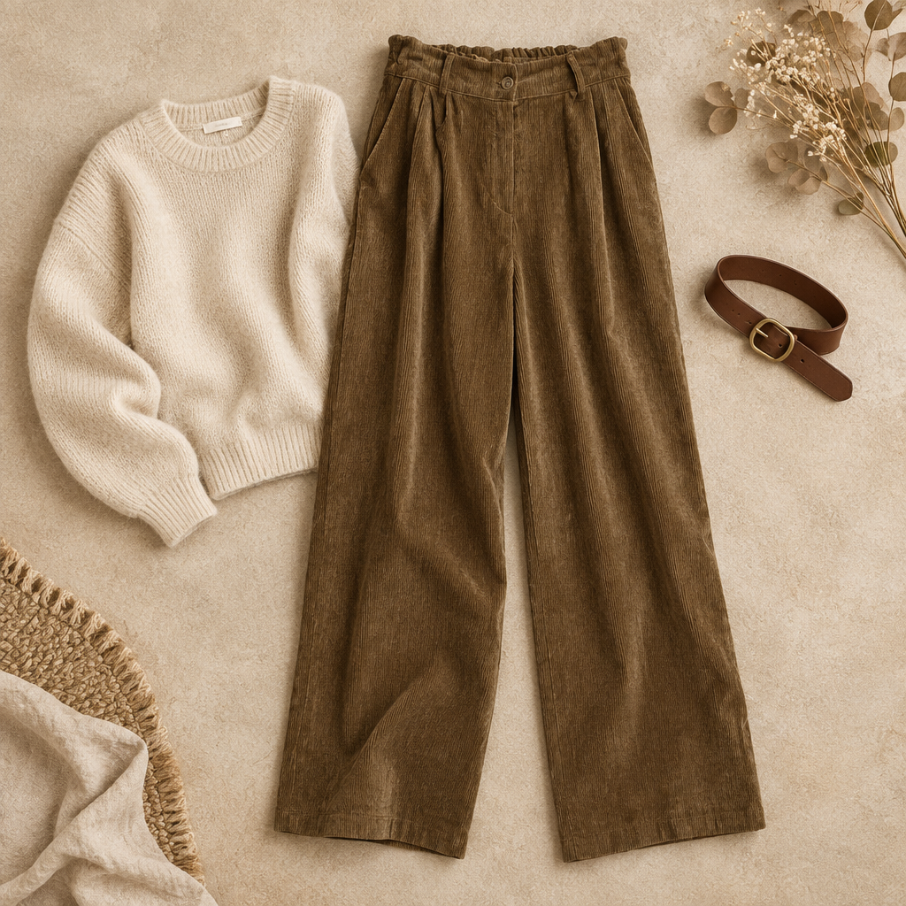 Pantalón Antonella pana camel flat lay mujer Angara Moda