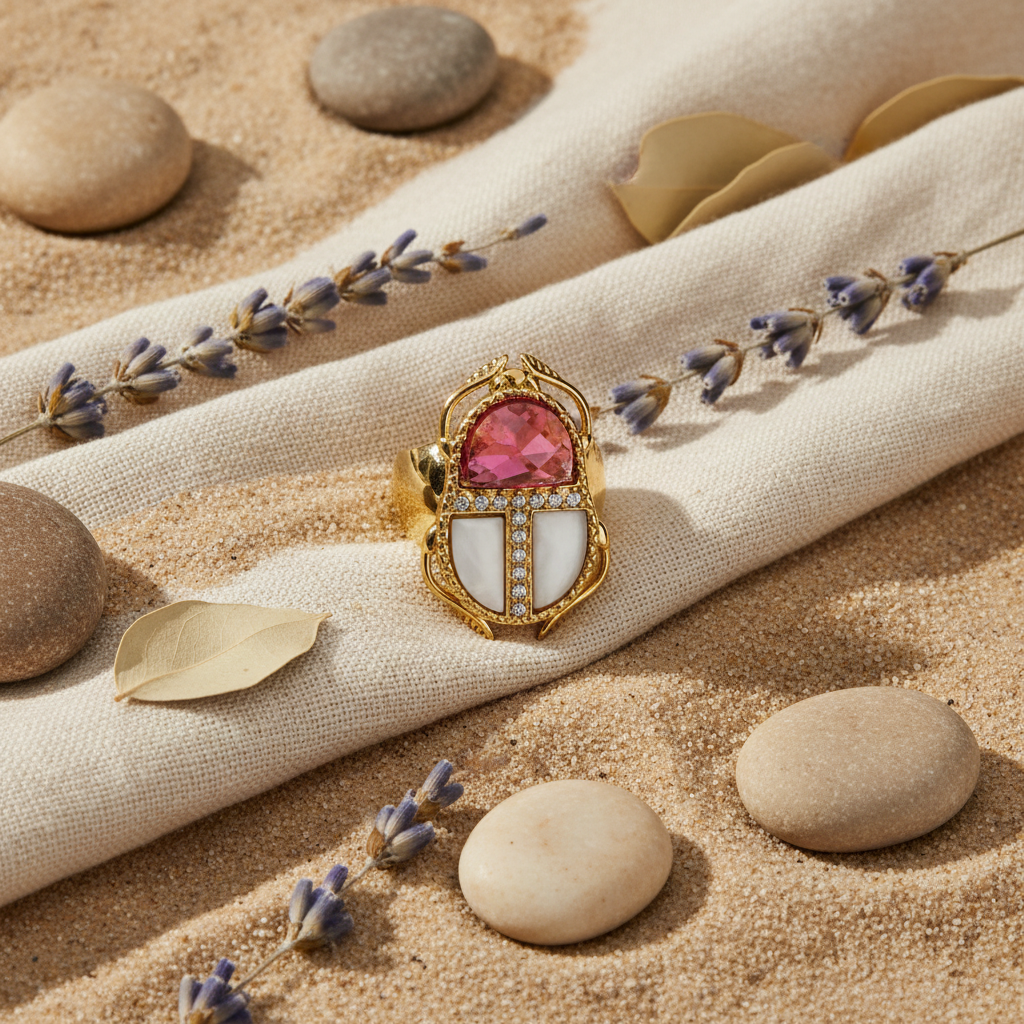 Anillo Raquel escarabajo cristal nácar circonitas sobre fondo natural mujer Angara Moda