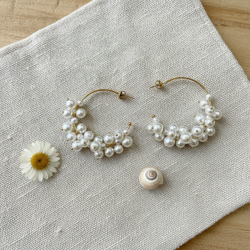 Flat lay pendientes Lourdes aro dorado perlas complementos boho Angara Moda