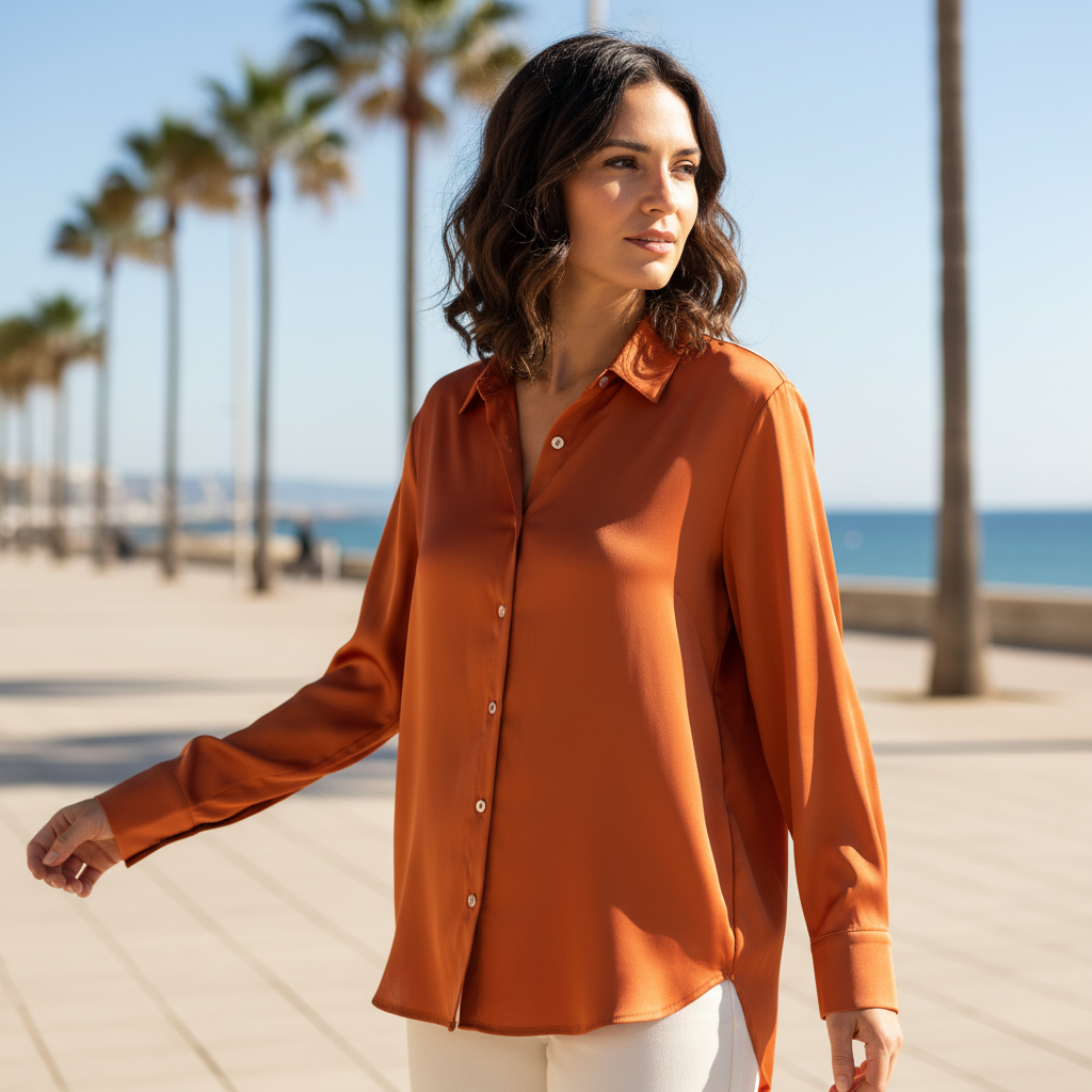 Camisa Alba raso fluido modelo paseo marítimo Angara Moda