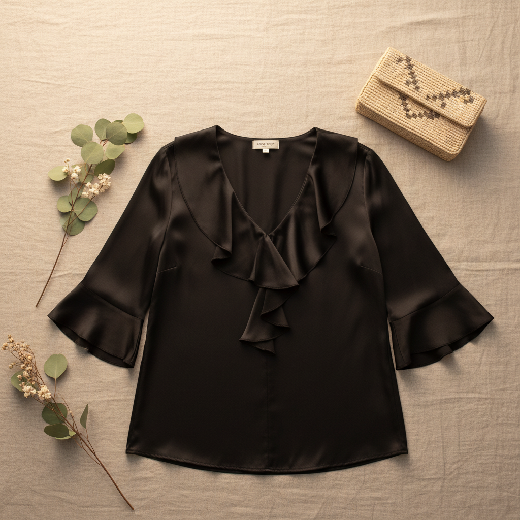 Flat lay blusa Promesa raso volante con accesorios Angara Moda