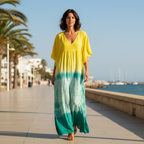 Vestido largo maxi tie-dye amarillo turquesa manga batún mujer Angara Moda