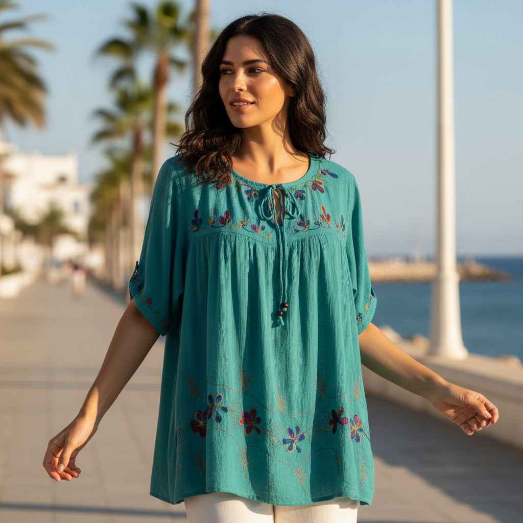 Blusa playa boho bordada manga 3/4 modelo paseo marítimo Angara Moda