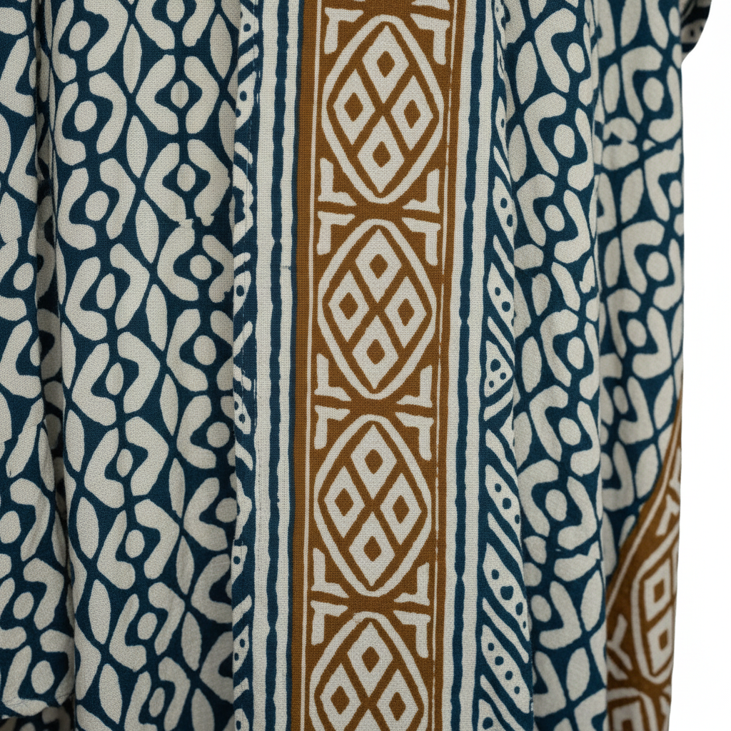 Kimono Horizonte detalle cenefa lateral étnica ocre tostado Angara Moda
