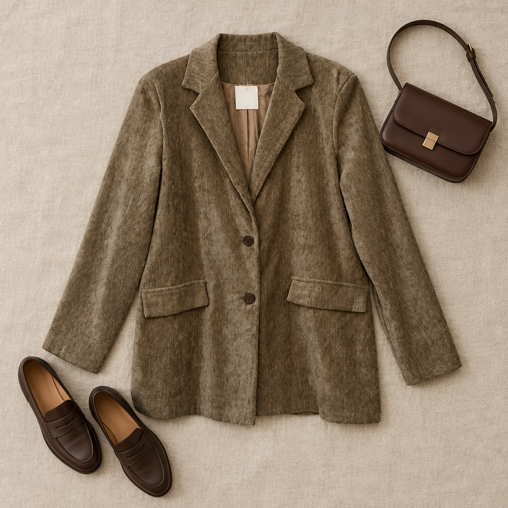 Blazer Antonella tejido acanalado marrón topo composición flat lay mujer Angara Moda