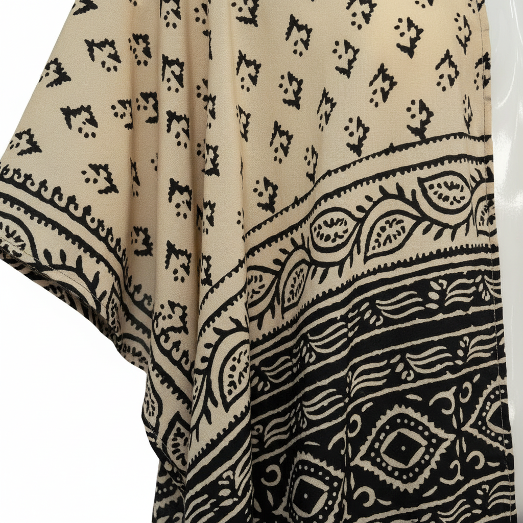 Kimono Horizonte Bis detalle contraste estampado floral superior y cenefa árbol de la vida Angara Moda