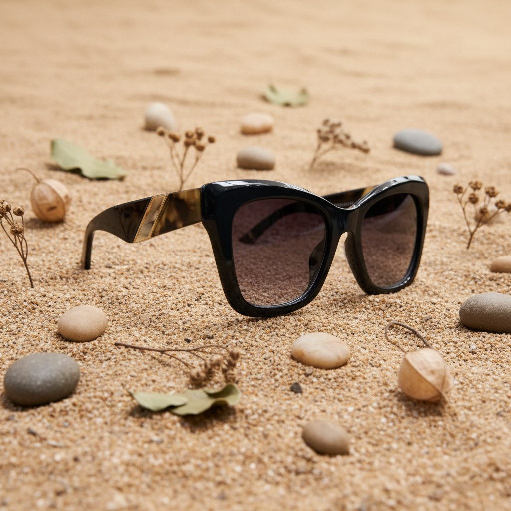 Gafas de sol oversize cat eye flat lay fondo arena natural Angara Moda