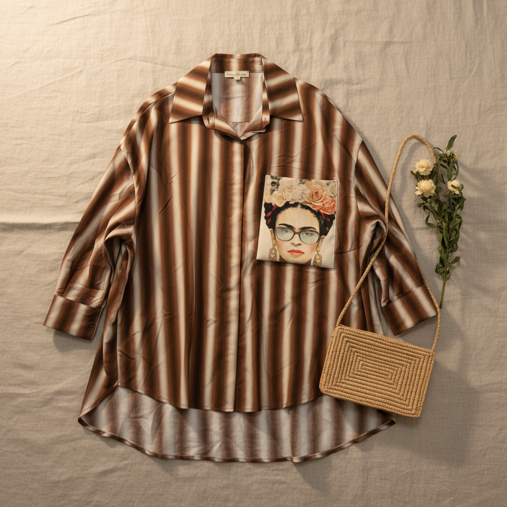 Flat lay camisa oversize rayas con accesorios boho Angara Moda