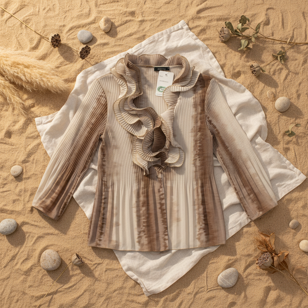 Blusa ceremonia volantes plisados tejido fluido fondo natural Angara Moda