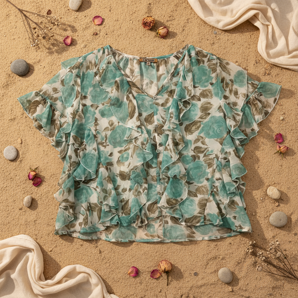 Blusa Manzana gasa volantes fondo natural arena pétalos Angara Moda