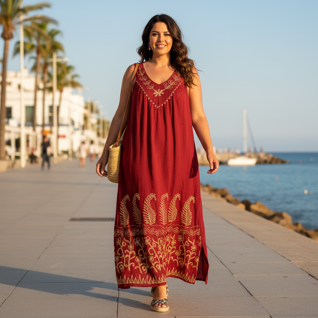 Vestido largo trepadora sobre modelo curvi en paseo marítimo mediterráneo