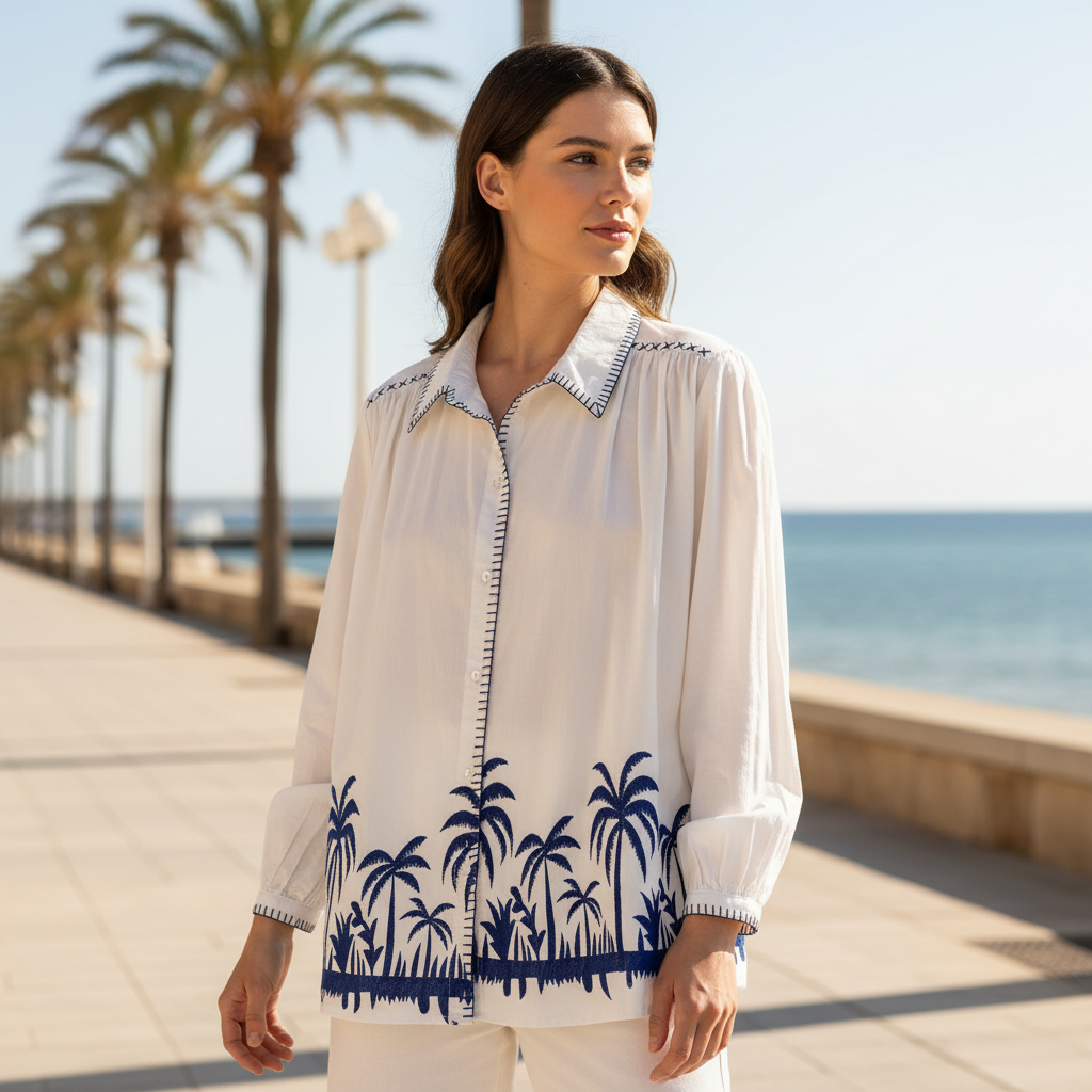 Camisa Cedro bordado palmeras modelo paseo marítimo Angara Moda